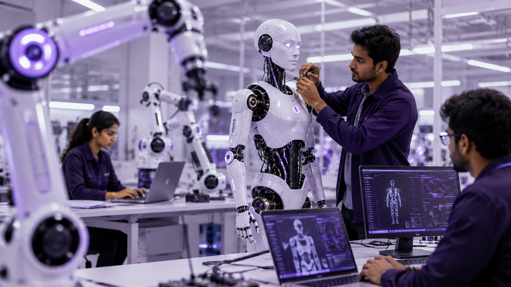 A humanoid robot working alongside engineers and AI-powered robotic arms in a smart factory
