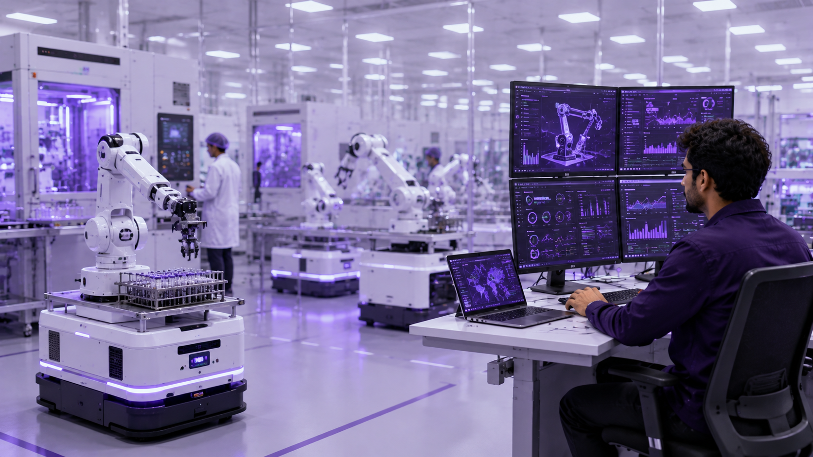 Autonomous robots in manufacturing and healthcare with engineers working on robotic systems