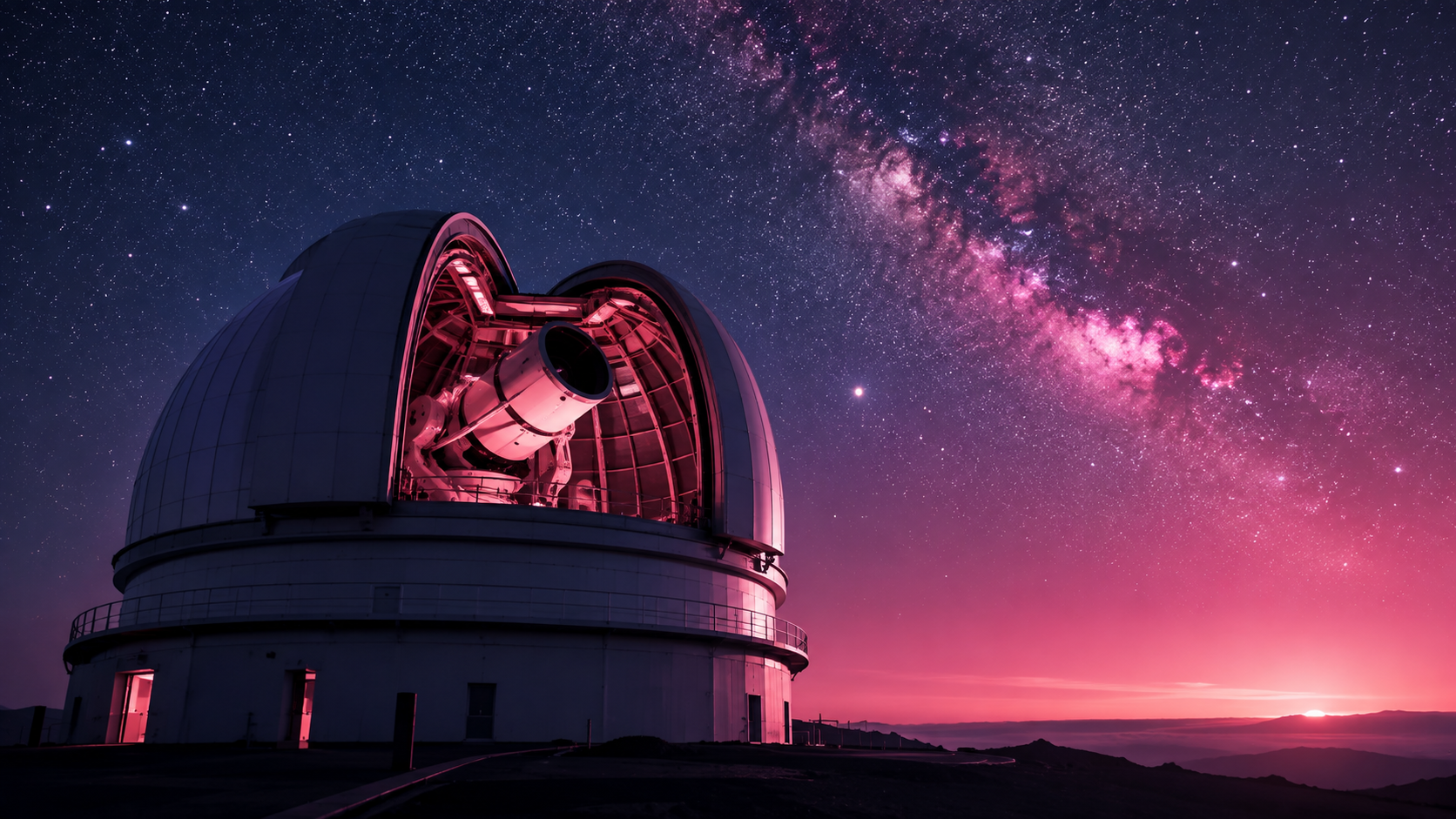 A large astronomical observatory and space telescope under a star-filled night sky