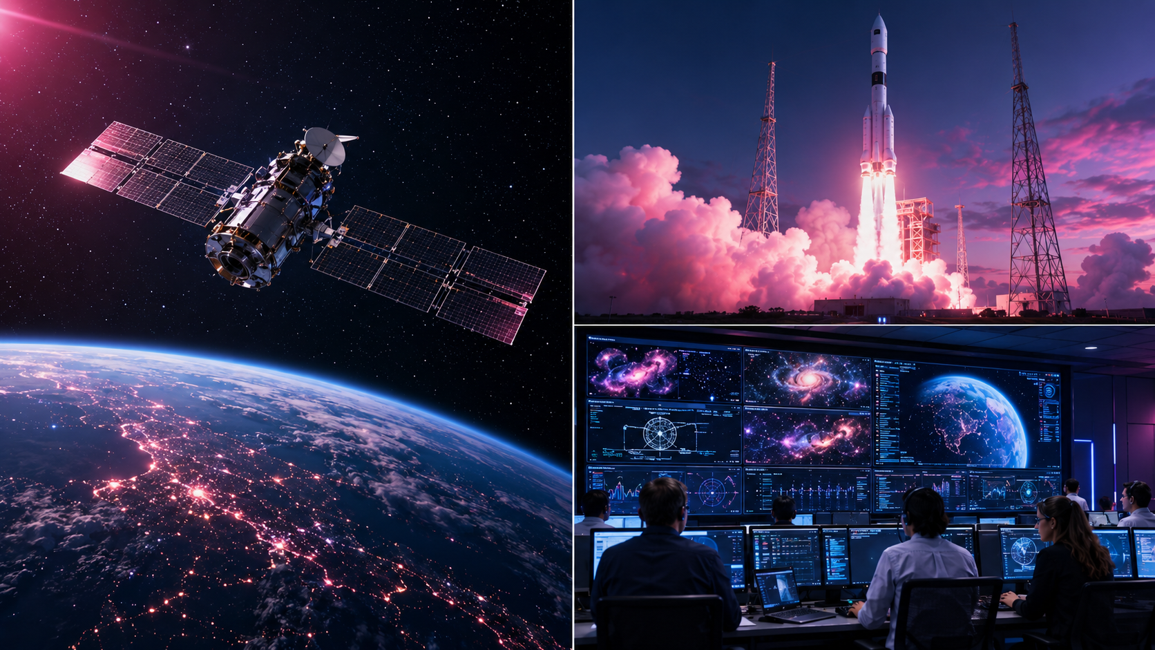 A satellite orbiting Earth, a rocket launch and scientists analysing astronomical data
