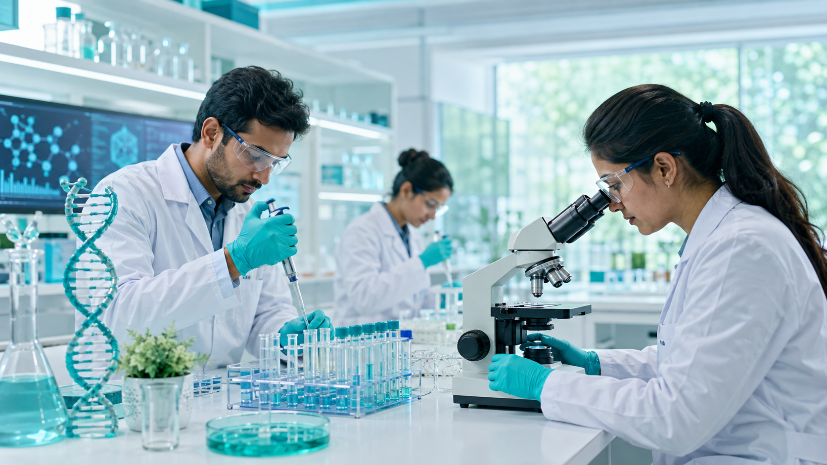 Scientists working in a biotechnology laboratory beside a DNA double-helix model