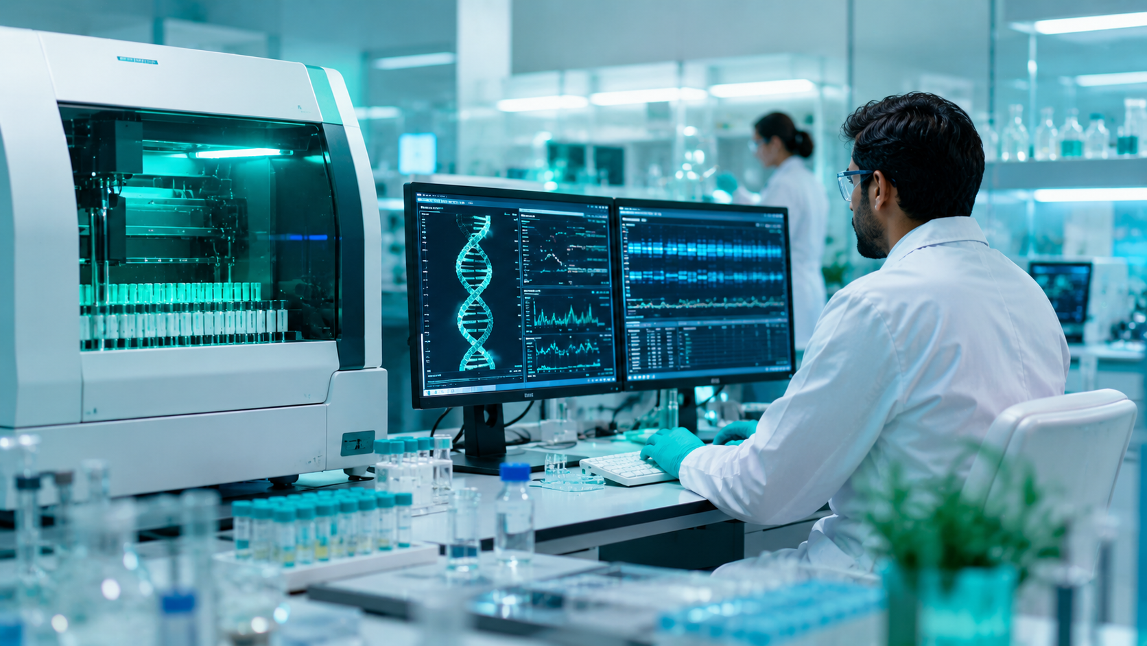 DNA sequencing equipment and scientists analysing biological samples in a modern biotech facility